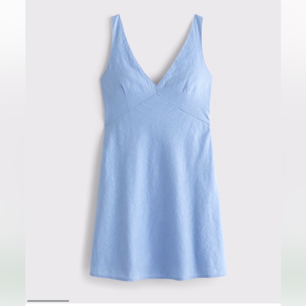 Abercrombie & Fitch V-Neck Linen Blend Mini Dress in Sky Blue, Size XXL Tall